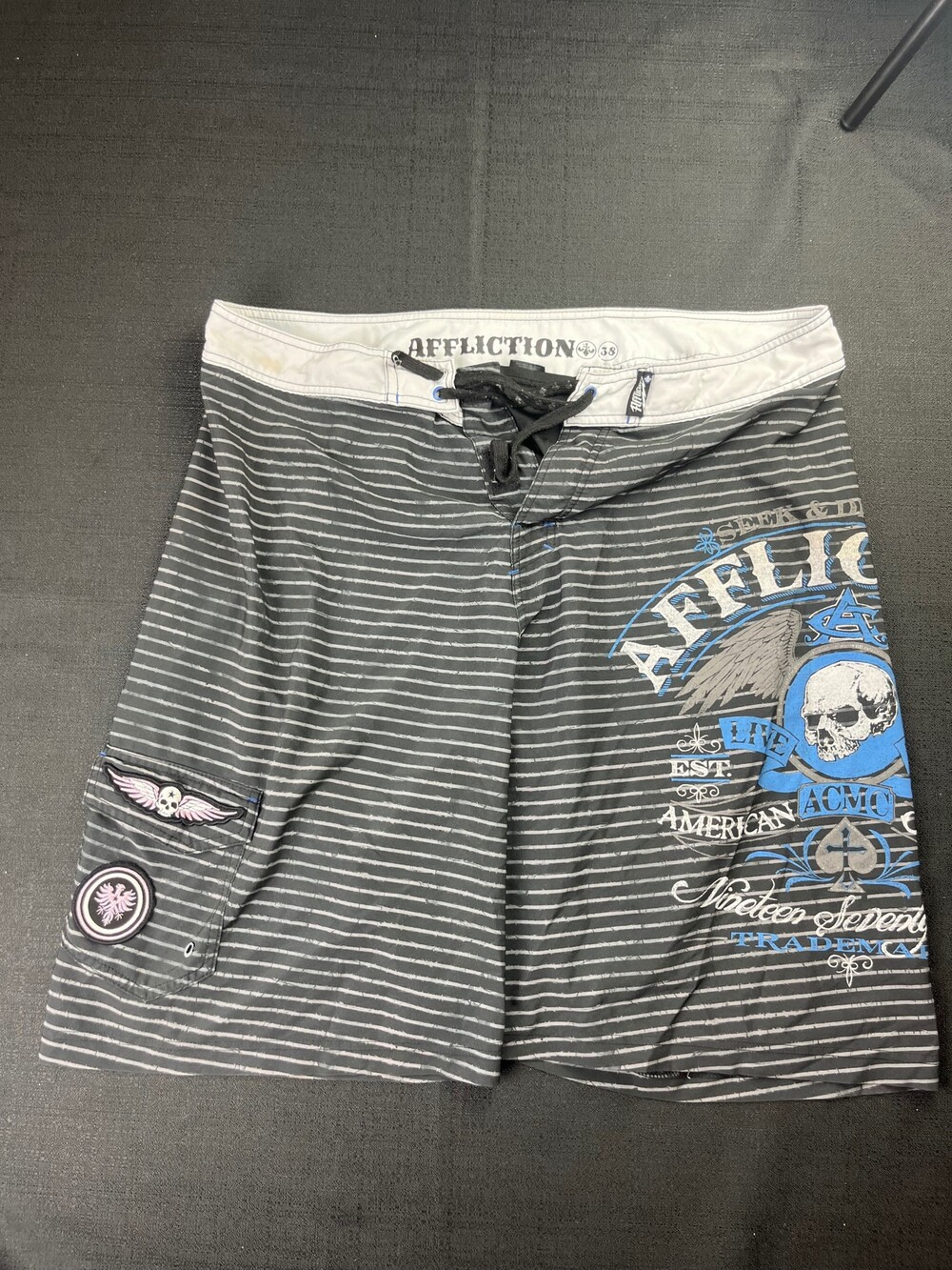 Affliction Black Striped Shorts Size 38 Drawstring Waist Skull Graphic